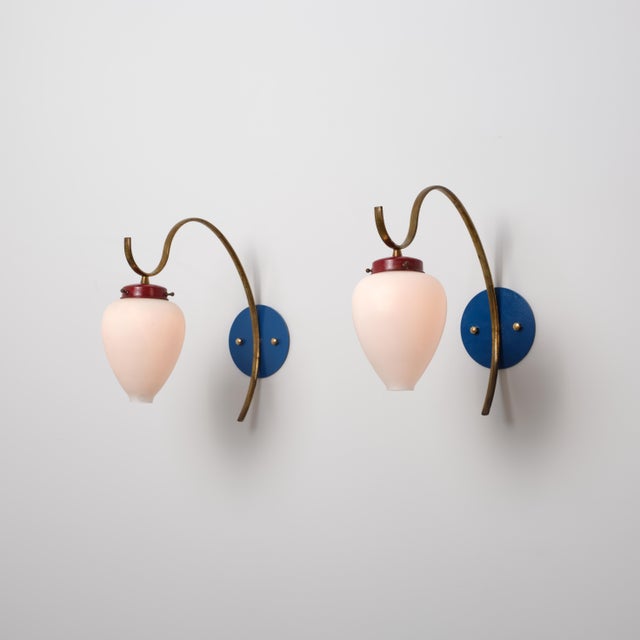 Metal Italian Brass, Blue and Red Metal and Opaline Glass Sconces, 1950s, Set of 2 For Sale - Image 7 of 8