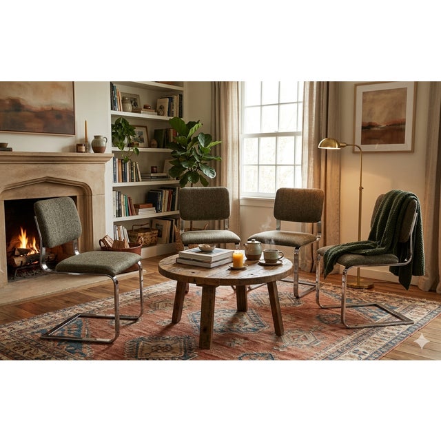 These chairs feature an elegant design with a chromed metal cantilever frame and are upholstered in fabric. The style...