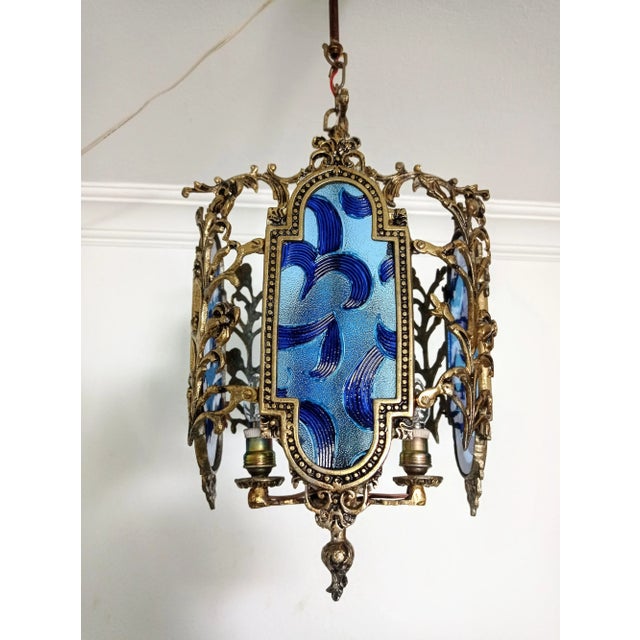 Vintage French Brass Stained Glass Style Blue Colored Chandelier Basket Ceiling Fixture For Sale - Image 9 of 11