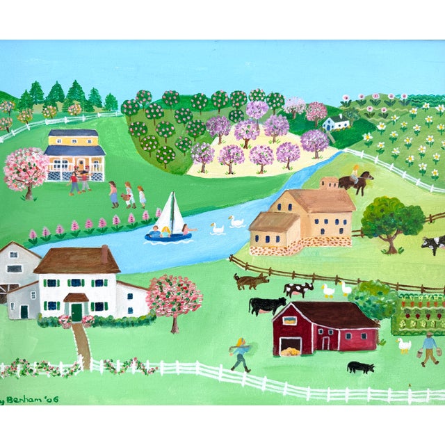 Street Art A Country Folk Art Rural Farm Scene Signed Kay Benham 06 Oil on Canvas For Sale - Image 3 of 6