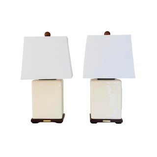 Lauren Ralph Lauren Cream Crackle Glaze Ceramic Table Lamps, Pair For Sale