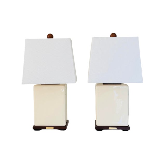 Lauren Ralph Lauren Cream Crackle Glaze Ceramic Table Lamps, Pair For Sale