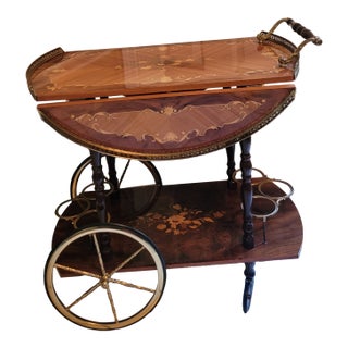 Mid 20th Century Vintage Italian Marquetry Inlaid Wood Two-Tier Drop Leaf Server/Bar Cart For Sale