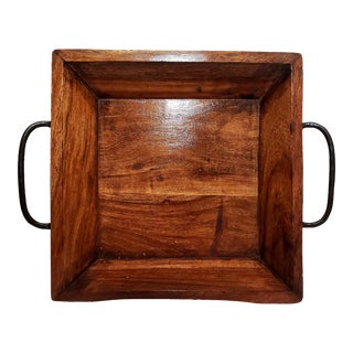 Vintage Walnut Serving Tray With Metal Handles For Sale