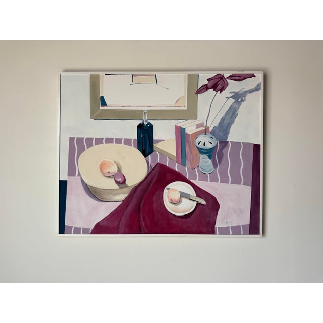 Abstract Large - 1993 Vintage Still Life “Stripe Cloth” Oil Painting by S. Lewis/ Sold For Sale - Image 3 of 11