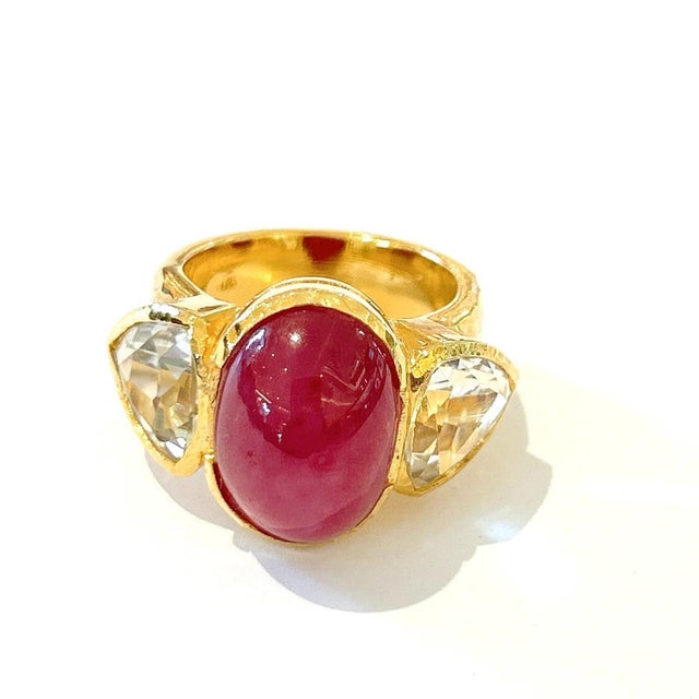 Bochic "Orient" Ruby & White Topaz Vintage 3 Gem Ring Set 18K & Silver For Sale - Image 17 of 18