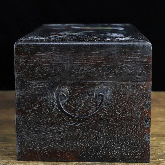 Dark Hardwood Storage Chest, Mother of Pearl Shell Inlay Figural Scenes, Decorative Trunk For Sale - Image 4 of 9