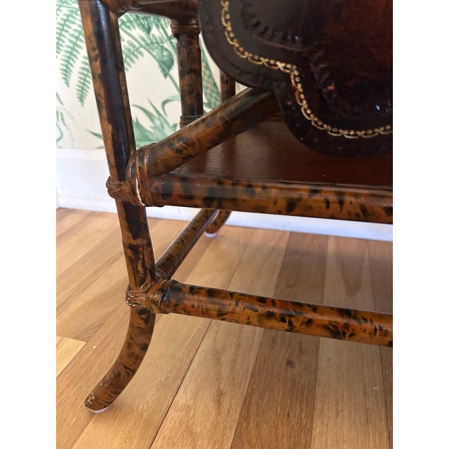 Late 20th Century Vintage Maitland - Smith Scorched Bamboo and Tooled Leather Chinoiserie Canterbury Magazine Rack For Sale - Image 5 of 11