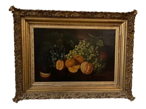 19th Century Rhode Island Still Life, Grapes and Oranges Oil Painting, Framed