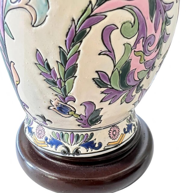 1970s Ornate Floral Ceramic Urn Table Lamps With Carved Wood Bases - a Pair For Sale - Image 11 of 13