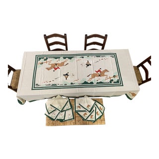 Vintage Equestrian Tablecloth & Napkins - Set of 13 For Sale