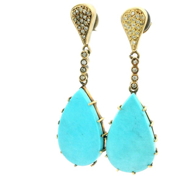Italian 18k Gold Turquoise and Diamond Drop Earrings, Pair For Sale - Image 10 of 11