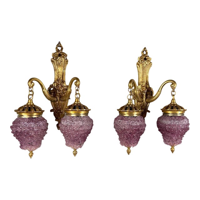 1980s French Louis XVI Gold Bronze Crystal Wall Lamps /Sconces-Pair For Sale