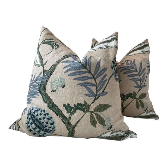 Stroheim “Yantra” in Juniper Embroidered 22" Down-Filled Pillows - a Pair For Sale