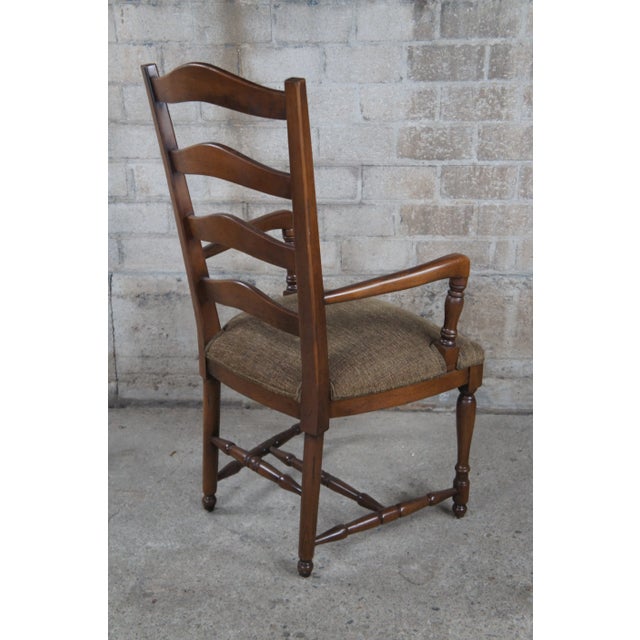 Mid 20th Century Mid 20th Century Vintage Oak Country French Farmhouse Ladder Back Upholstered Dining Arm Chairs - Set of 4 For Sale - Image 5 of 12