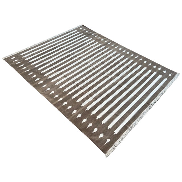 Mid-Century Modern Handwoven Cotton Area Rug, Natural Vegetable Dyed, Brown and White Striped Dhurrie - 12'x15' For Sale - Image 3 of 10