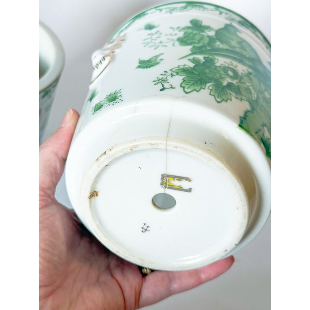Mid Century Pair of Porcelain Green Bird Cache Pot Planters With Lions Heads For Sale - Image 9 of 9