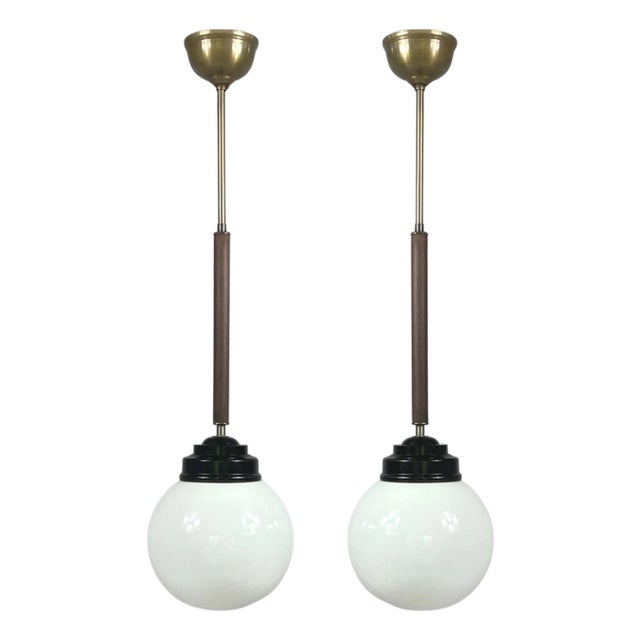 Opaline Glass, Bakelite and Wood Pendant from Sieverts Kabelverk, Sweden, 1940s For Sale