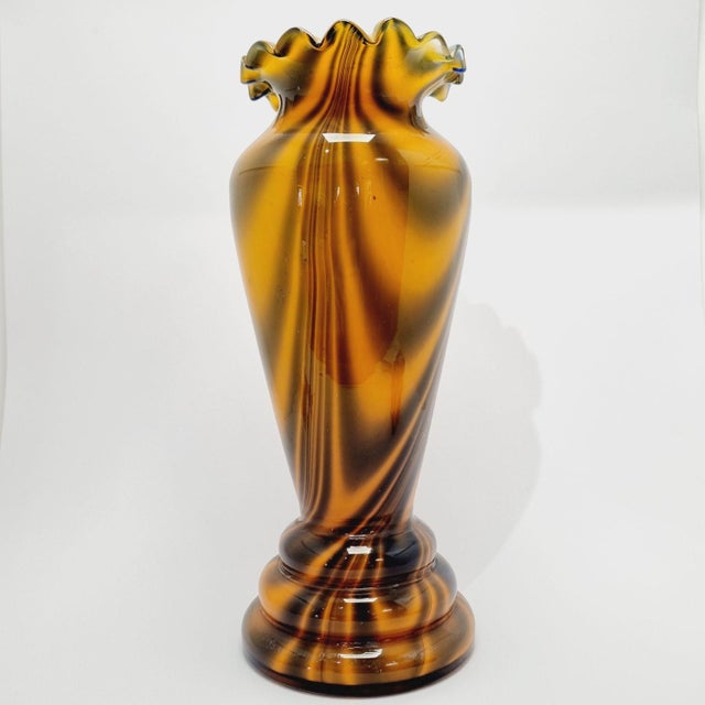 Mid-Century Amber Slag Glass Vase with Ruffled Rim For Sale - Image 5 of 8