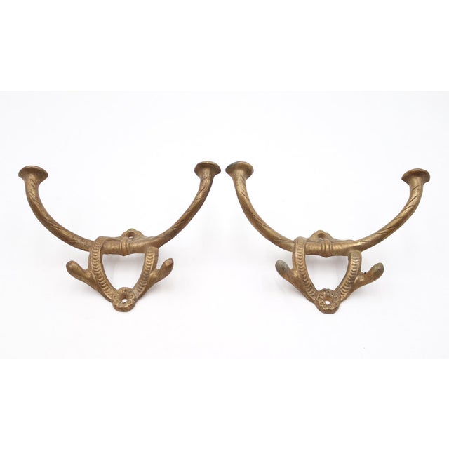 Traditional Pair of Antique Eastlake Solid Brass Wall Hooks For Sale - Image 3 of 7