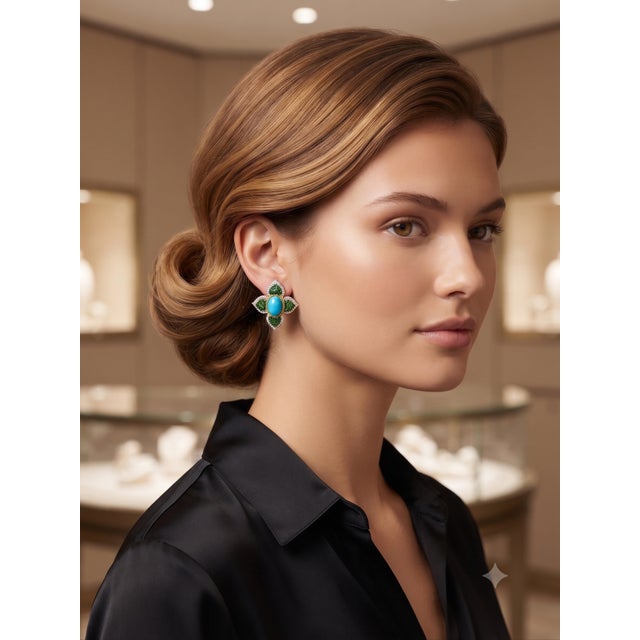 Metal Natural Tsavorite, Turquoise & Diamond Earring in 14k Gold For Sale - Image 7 of 8