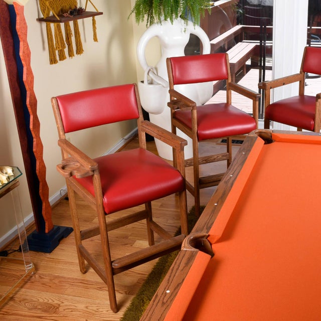 Red Red Leather and Oak Billiard Barstools With Cupholders, Restored For Sale - Image 8 of 12