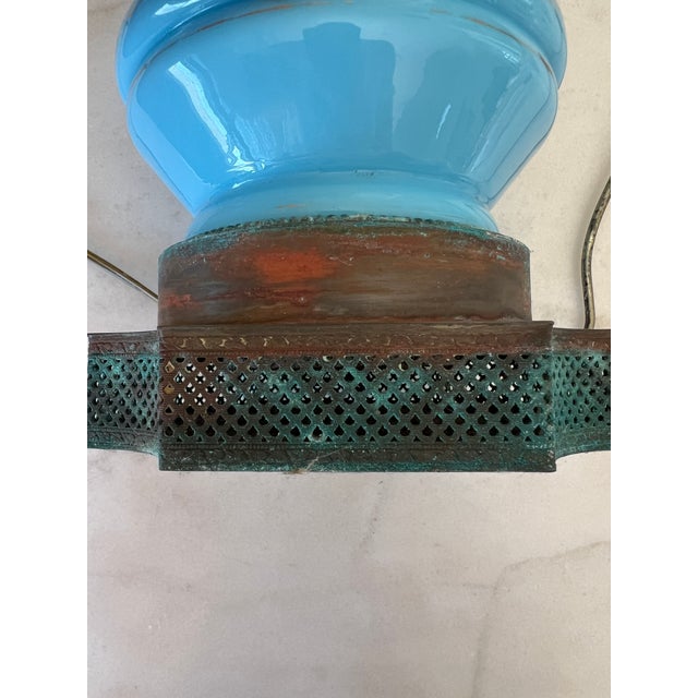 Blue 1950s French Blue Opaline Gilded Table Lamp For Sale - Image 8 of 11
