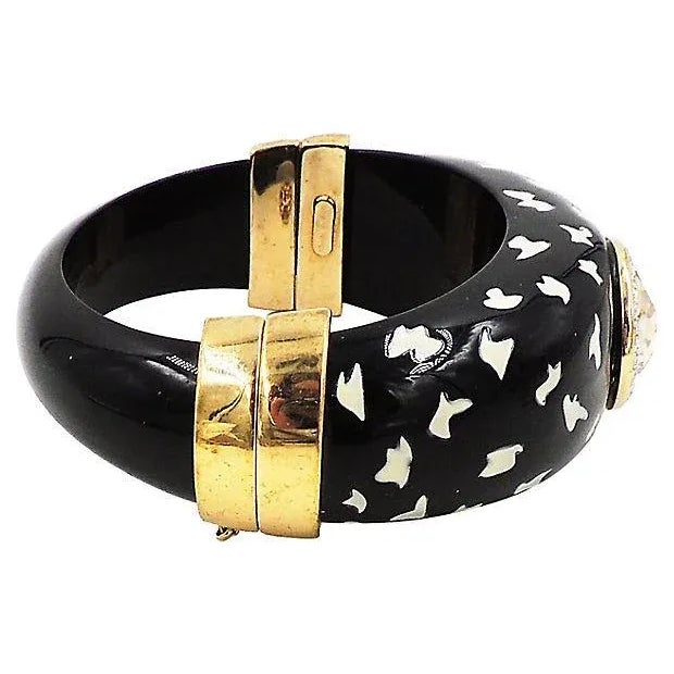 Metal Vintage 1980s Italian Black Spotted Rhinestone Cuff Bracelet For Sale - Image 7 of 8