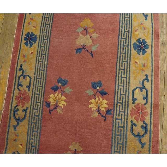 1930s Pink-Rose Floral Antique Chinese Peking Rug 3' X 11'8" Handknotted Wool Carpet For Sale - Image 4 of 6