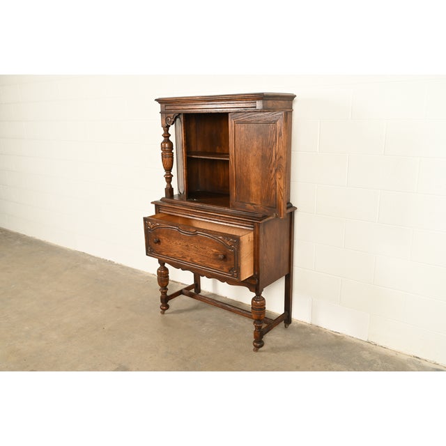 Bernhardt Furniture Antique English Jacobean Carved Oak Bar Cabinet, Circa 1930s For Sale In South Bend - Image 6 of 16