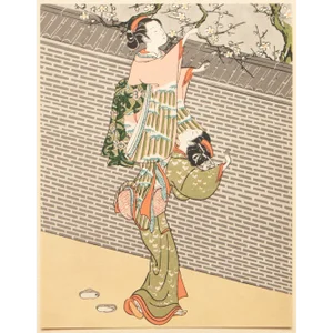 1963 After Harunobu "Picking Plum Blossoms From Neighbor's Garden", Full-Color Print From Japan