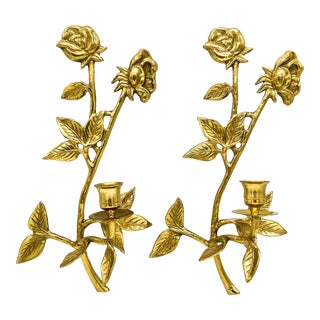 20th Century Brass Rose Wall Hanging Candle Sconces - a Pair For Sale