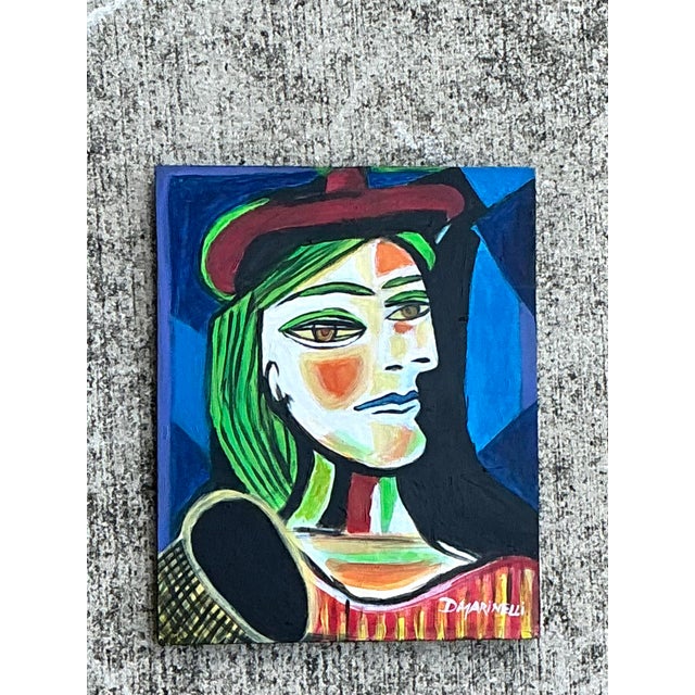 Immerse yourself in the vibrant world of mid-century art with this captivating original oil portrait by D. Marinelli. This...