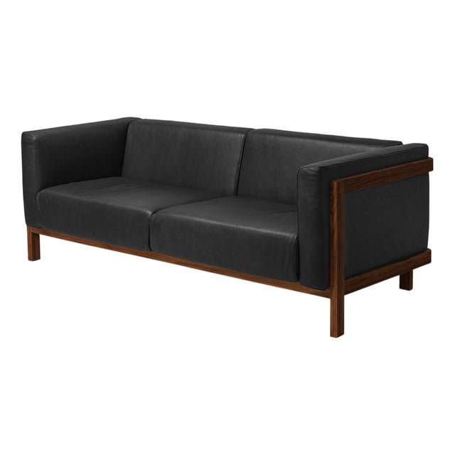LIFT Minimalist Three-Seater Sofa in Walnut and Black Leather Seat by Julien Renault For Sale
