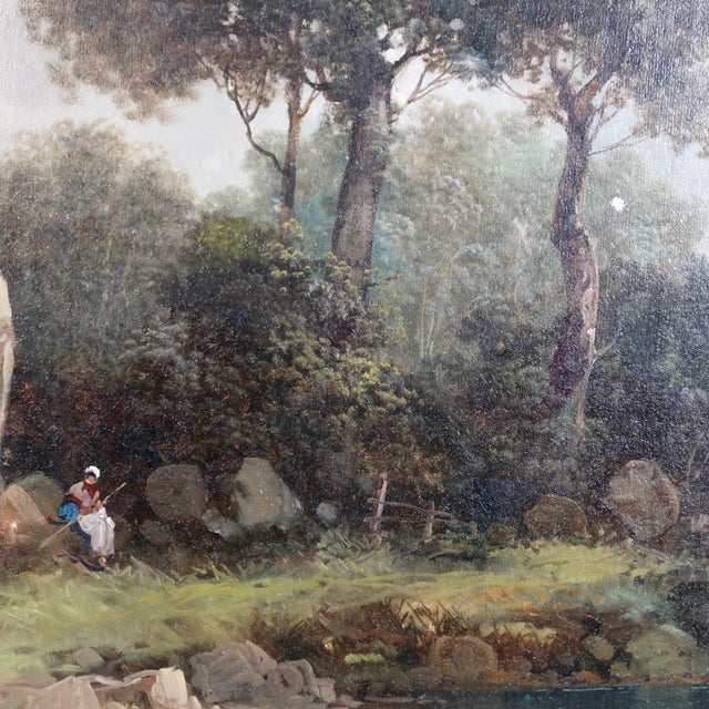 A large vintage European landscape oil painting signed Toni Bordignon, depicting a serene countryside scene with towering...