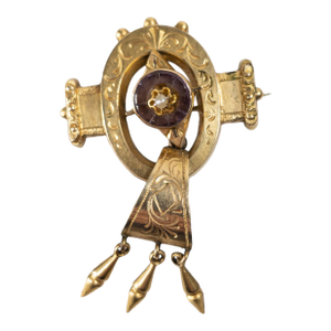 19th Century Victorian Gold Filled Etruscan Revival Brooch Pin With Amethyst and Seed Pearl
