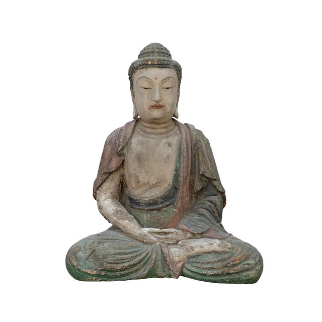 Wood Large Chinese Rustic Wood Sitting Meditation Shakyamuni Buddha Statue For Sale - Image 7 of 7
