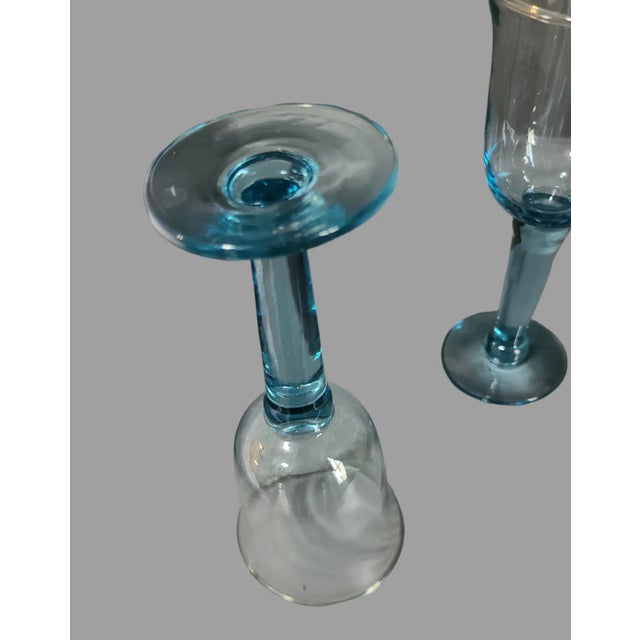 Late 20th Century Vintage Set of 4 Hand Blown Art Glass Wine Goblets Sky Blue Glasses #S2 For Sale - Image 5 of 6