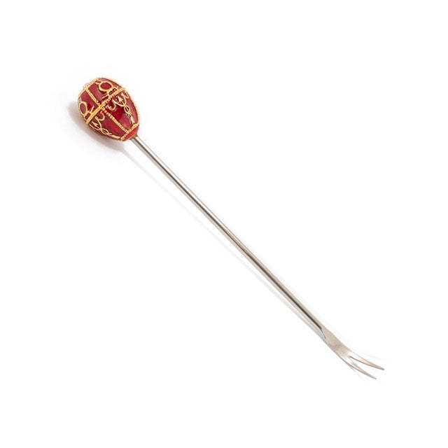 Vintage Fabergé Imperial Collection Enameled Egg Set of 4 Topped Cocktail Forks For Sale - Image 4 of 11