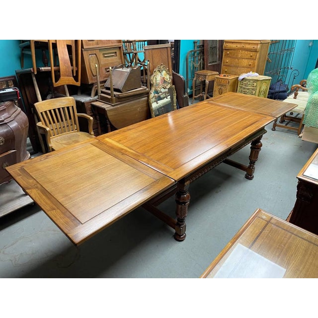 Wood Antique Hand Carved Extending Dining Table, Berkey & Gay, Jacobean Revival, Walnut Wood, Glass Top For Sale - Image 7 of 13