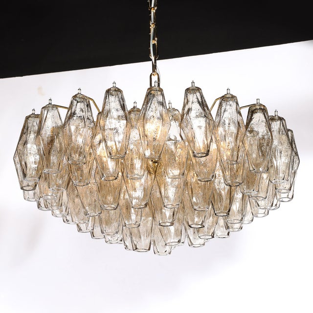 Modern Modernist Hand-Blown Murano Smoked Glass Polyhedral Chandelier in Brass Fittings For Sale - Image 3 of 18
