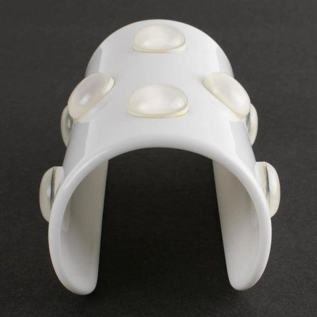 2000 - 2009 Krizia White Resin Lucite Cuff Bangle Bracelet with Cabochons For Sale - Image 5 of 13