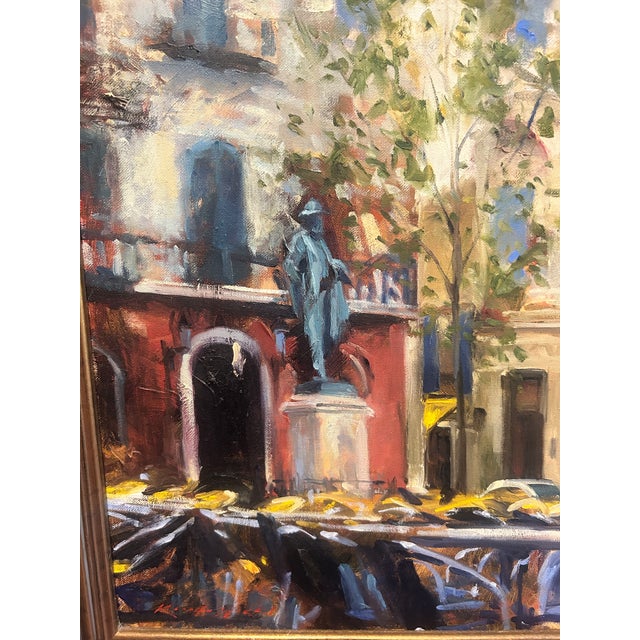 Cornflower Blue “Morning Light in a French Square” – Impressionist Oil on Board For Sale - Image 8 of 11