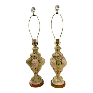 Vintage Capodimonte Italian Porcelain Table Lamps Mid Century 1960s Model 301 Hollywood Regency Relief Urn - a Pair For Sale