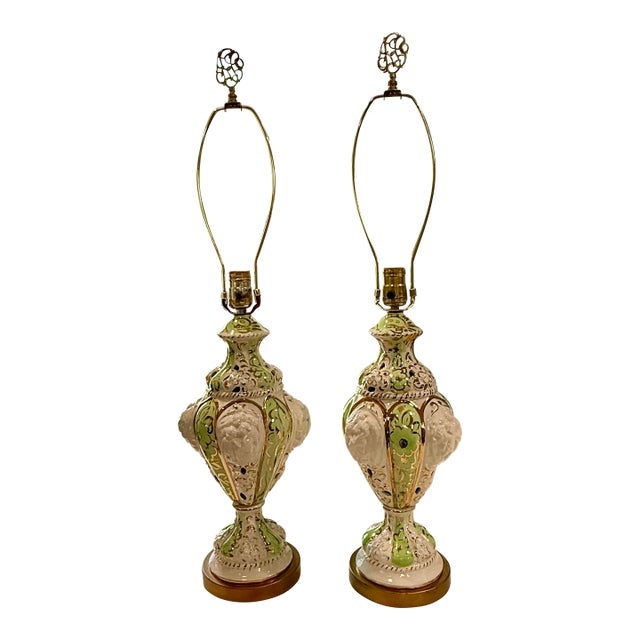 Vintage Capodimonte Italian Porcelain Table Lamps Mid Century 1960s Model 301 Hollywood Regency Relief Urn - a Pair For Sale