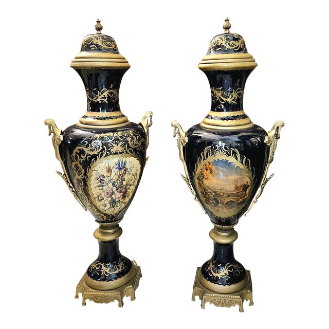 Midnight Blue French Style Porcelain Vase With Nature Artwork, Gold Leaf & Bronze Details For Sale