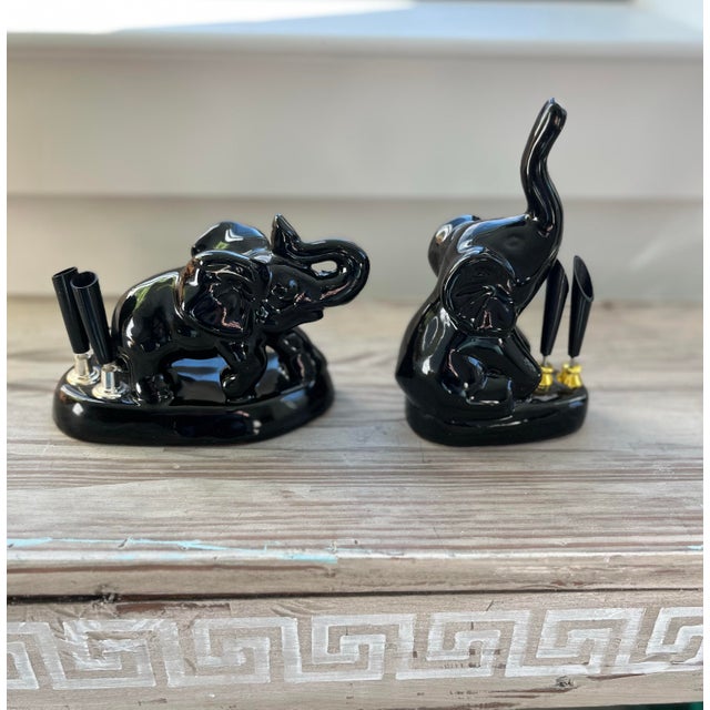 Mid-Century Modern Vintage Mid-Century Ceramic Black Elephant Pen Holders-Set of 2 For Sale - Image 3 of 9