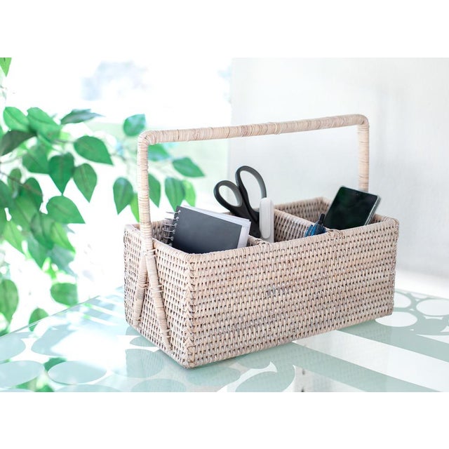 Boho Chic Artifacts Rattan 3 Section Caddy/Cutlery Holder with Handle in White Wash For Sale - Image 3 of 10