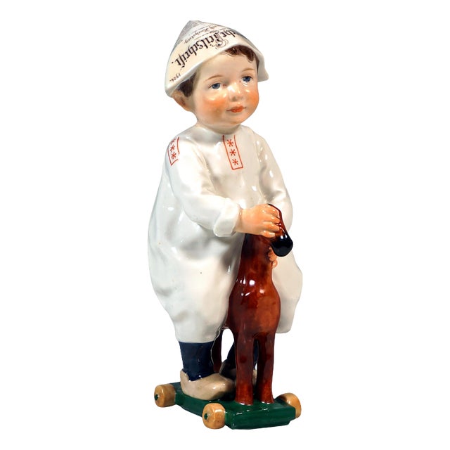 Art Nouveau Hentschelkind Boy Riding on Wooden Horse Figurine, 1906 For Sale
