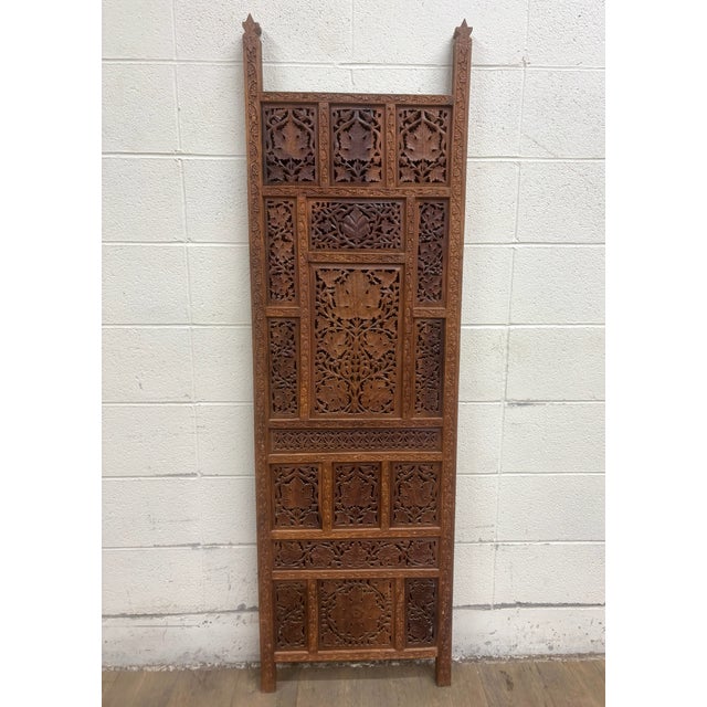Vintage Hand Carved Two Panel Teak Room Divider Folding Screen For Sale - Image 4 of 14